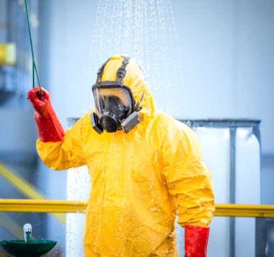 Chemical worker taking a shower and washing off aggressive chemicals after accident in acid production factory. Safety at work and workers health care.