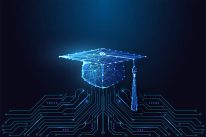 Online education and smart learning concept with glowing polygonal graduation cap connected to circuit board on dark blue background. Futuristic low poly style, abstract vector illustration.